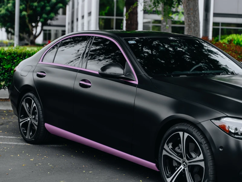 Mercedes C300 — Satin Black Vinyl Wrap, Pink Accents, Ceramic Coating