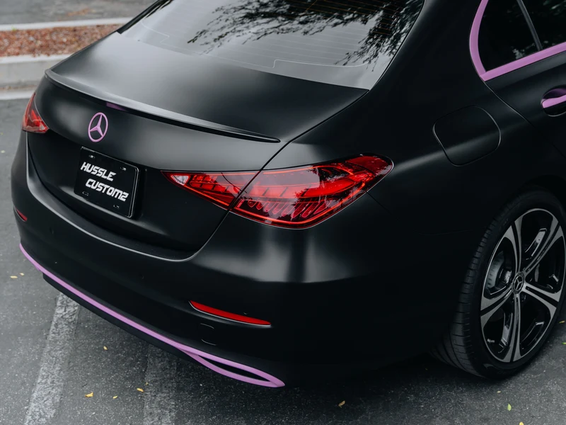Mercedes C300 — Satin Black Vinyl Wrap, Pink Accents, Ceramic Coating