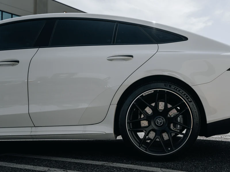 Mercedes-AMG GT53 rear angle showing tinted ceramic windows at Hussle Customz Los Angeles