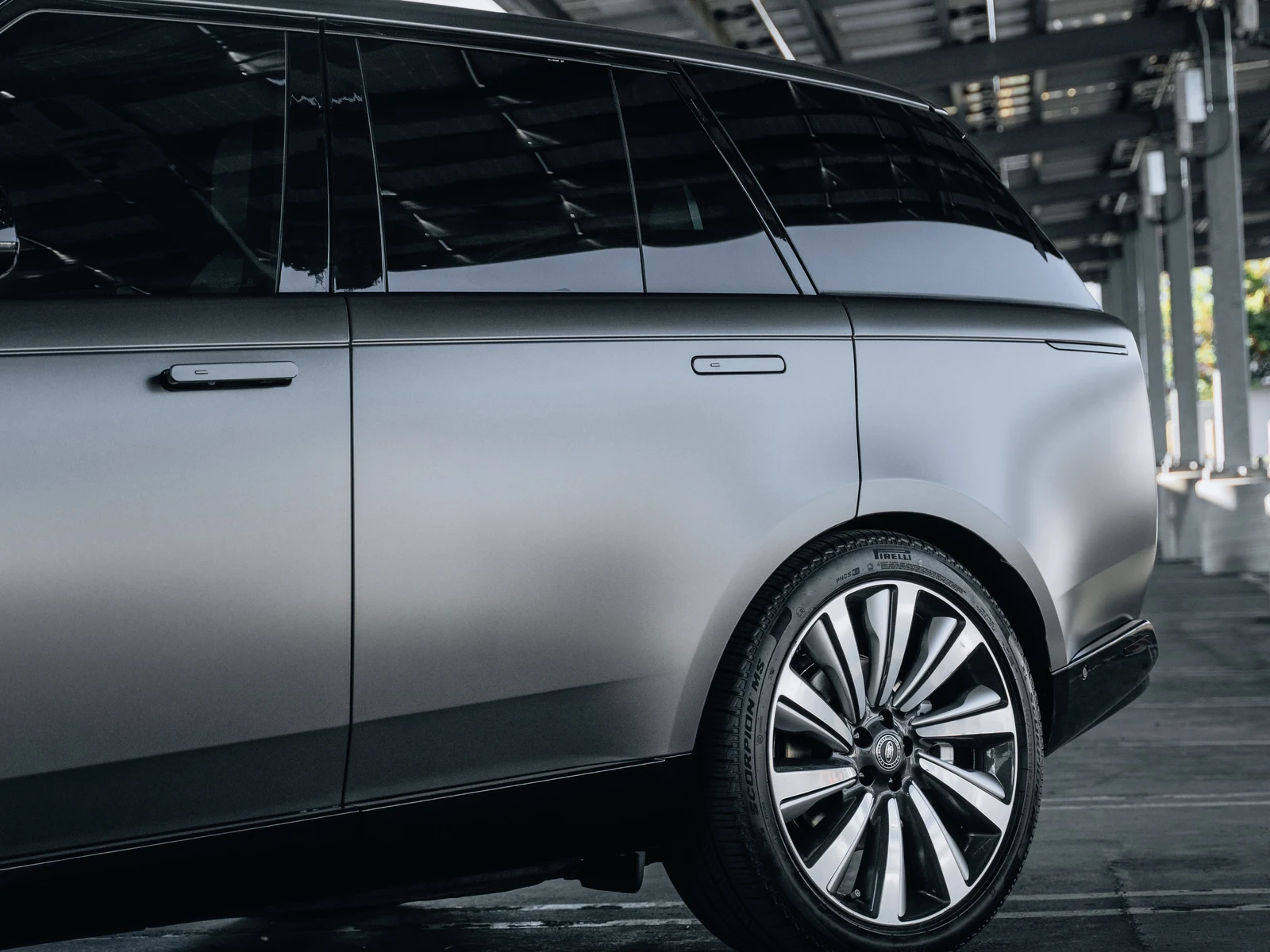 Range Rover Satin Dark Grey Wrap, Chrome Delete — photo 2 — Hussle Customz Los Angeles