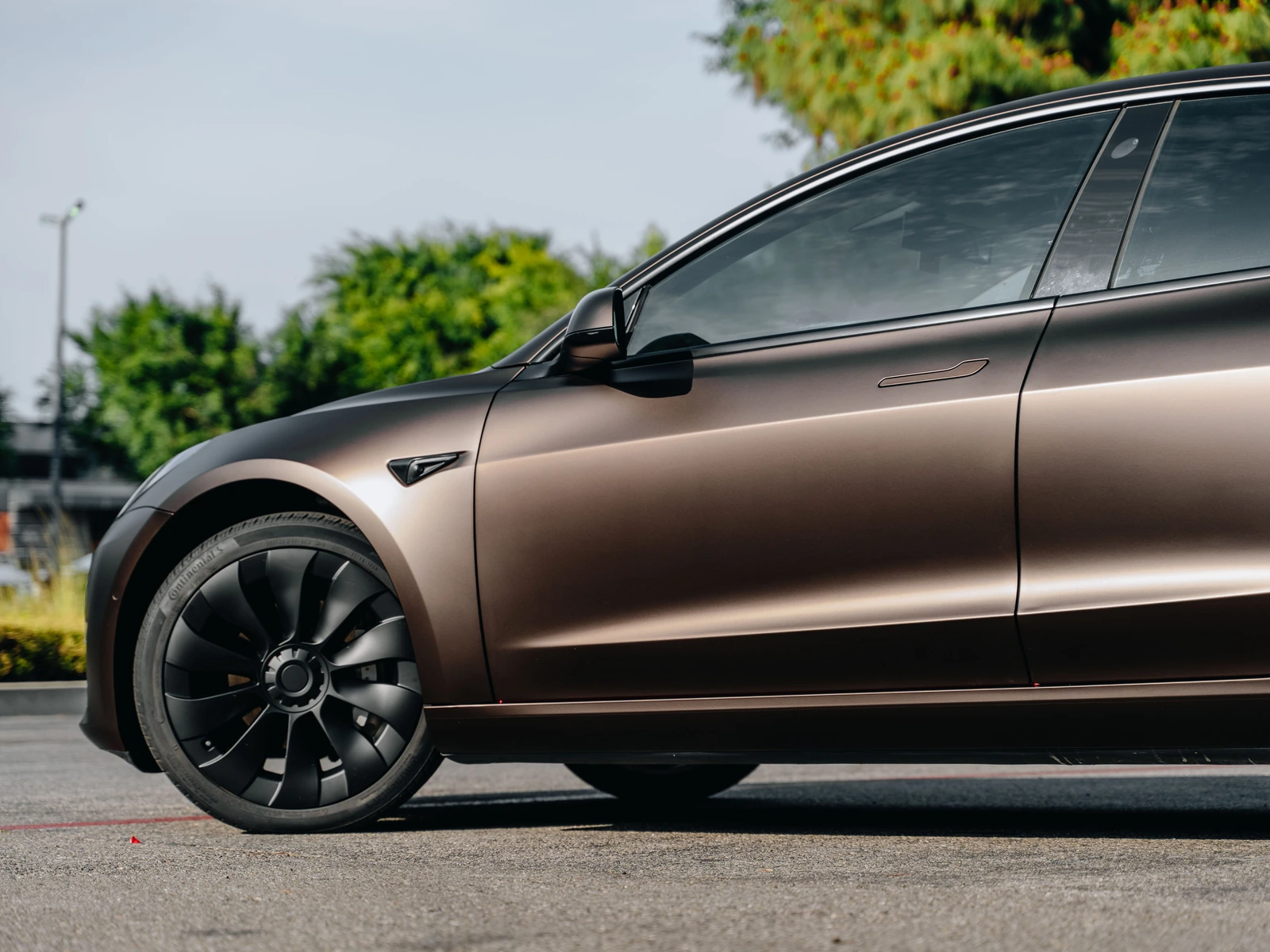 Tesla Model 3 — Matte Brown Metallic Vinyl Wrap, Ceramic Tint, Ceramic Coating | Hussle Customz