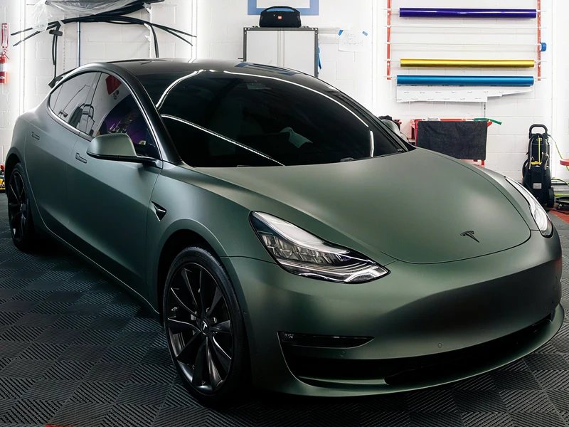 Tesla Model 3 — Matte Pine Green Metallic Vinyl Wrap | Hussle Customz