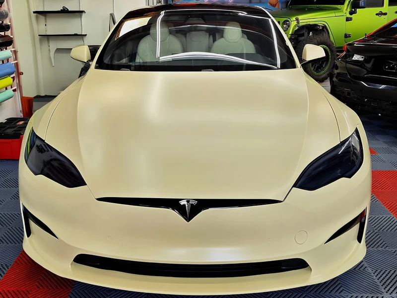 Tesla Model S — Satin Desert Tan, Lights Smoke Out, Ceramic Coating | Hussle Customz