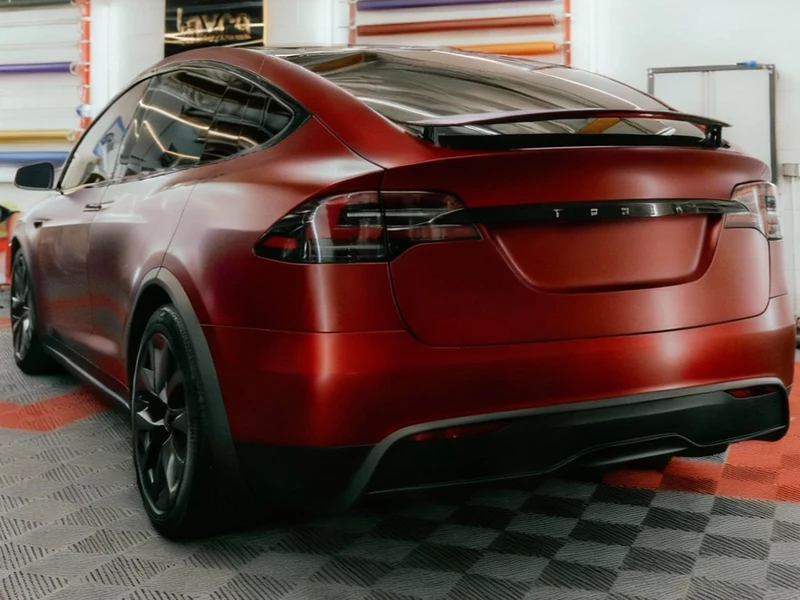Tesla Model X Satin Red PPF, Ceramic Tint, Ceramic Coating — photo 2 — Hussle Customz Los Angeles