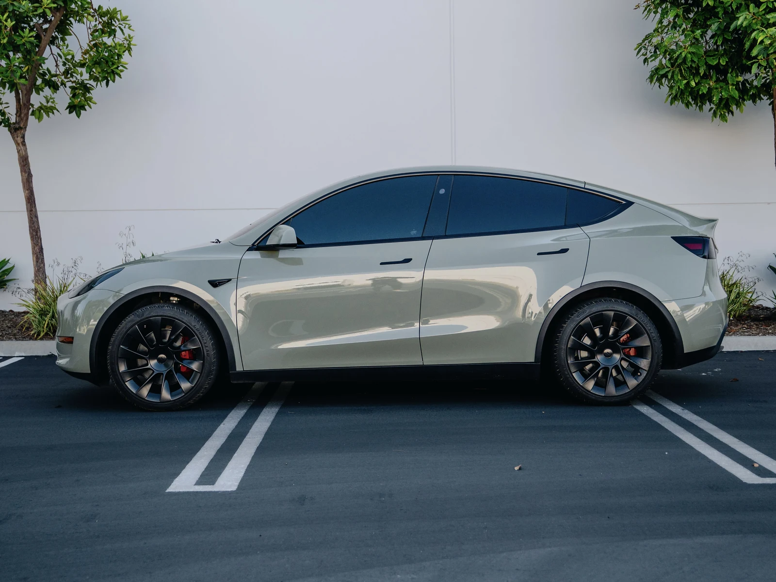 Tesla Model Y Gloss Moss Green Wrap, Smoked Lights — photo 2 — Hussle Customz Los Angeles