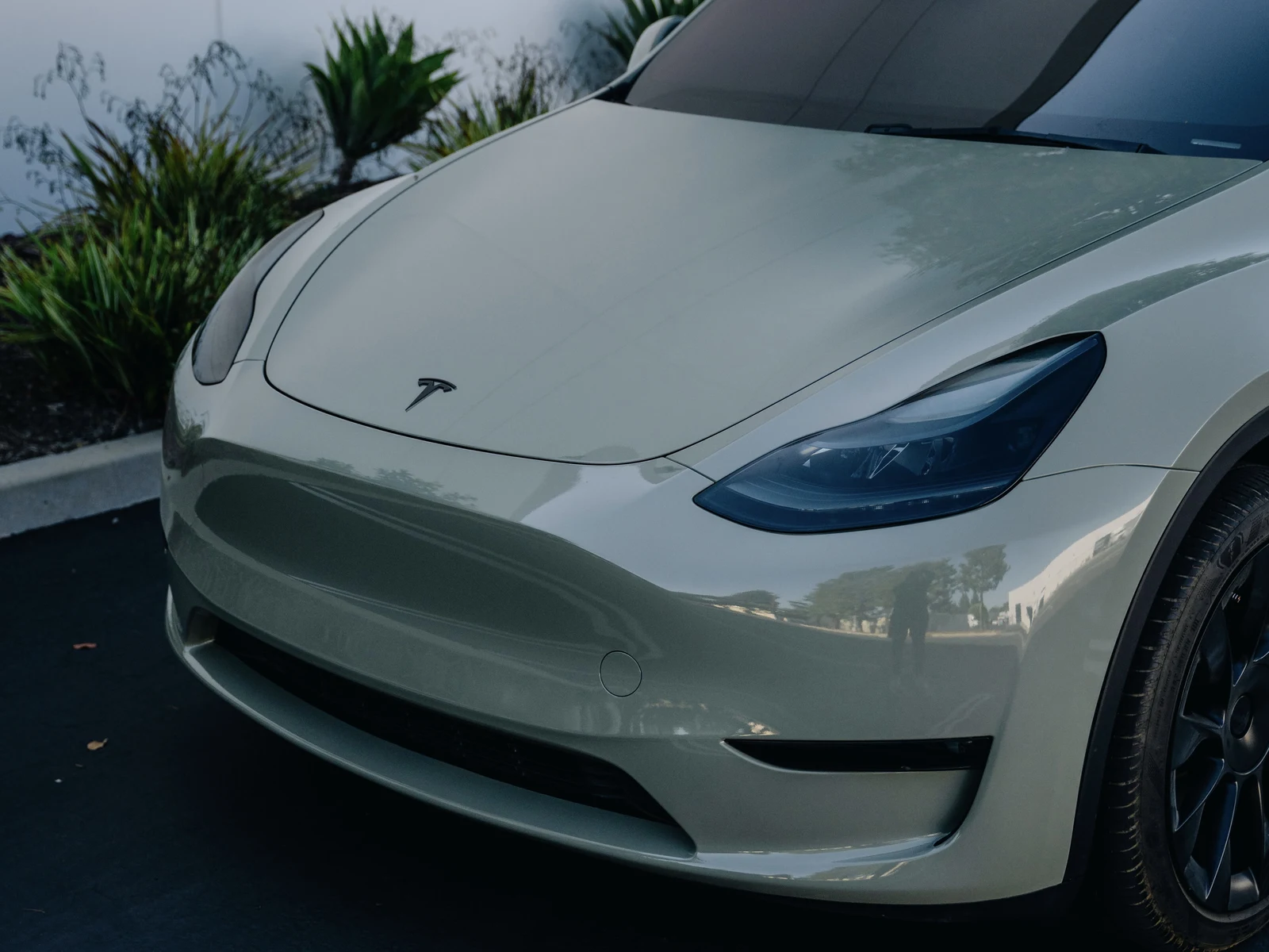 Tesla Model Y Gloss Moss Green Wrap, Smoked Lights — photo 4 — Hussle Customz Los Angeles